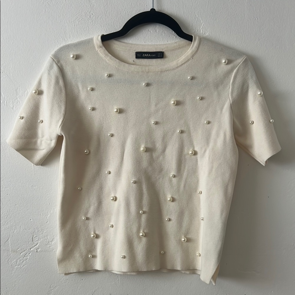 Zara Cream Ivory Pearl Embellished Knit Short Sleeve Top Size Small